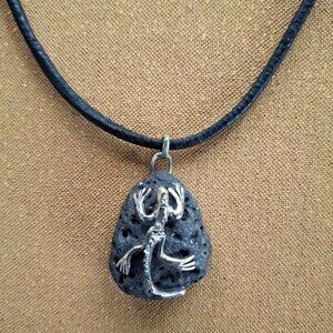 Unique Vintage Galapagos Lava Stone and Sterling Silver Gecko Artistic Pendant